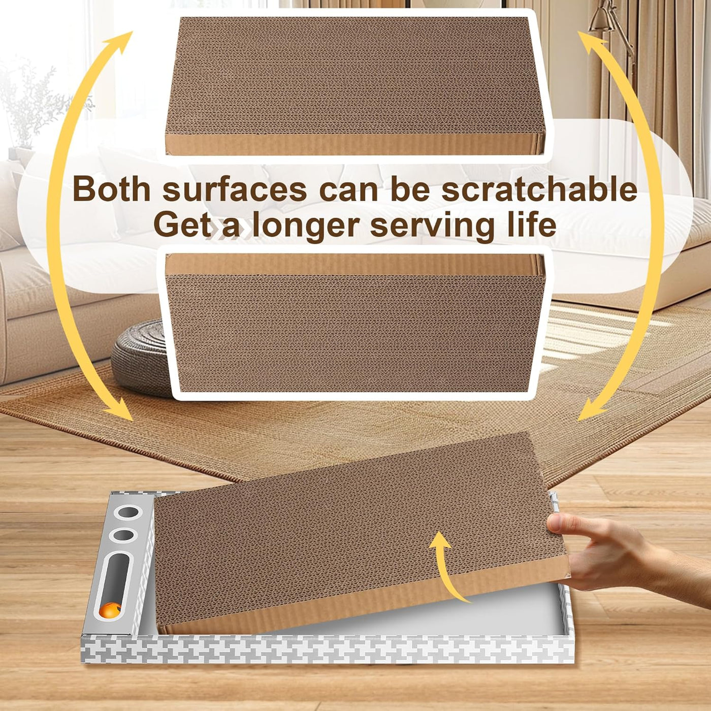 Cat Scratching Board 3 Pack – Reversible Cardboard Scratcher for Indoor Cats, Wide Boxed Scratch Pads with Bell Ball, Durable Corrugated Scratchers as Furniture Protector