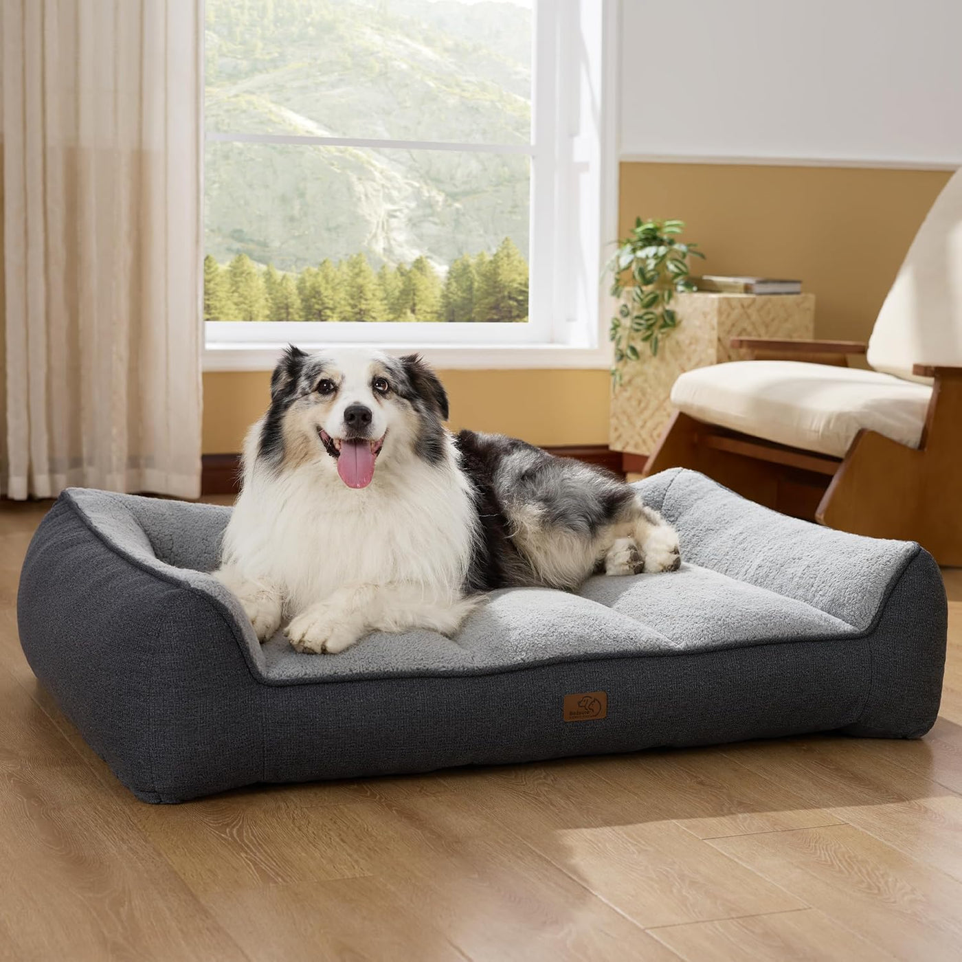 XL Orthopedic Dog Beds Large Sized Dog - Extra Thick Supportive Dogs Couch with Waterproof Washable Cover, Extra Large Comfort Pet Bed Sofa with Soft Plush Sherpa and Nonskid Bottom, Grey, 42"