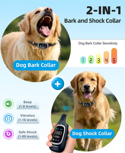 2-In-1 Dog Shock Collar and Bark Collar for Dogs – 3300FT Dog Training Collar with Remote, IP67 Waterproof E Collar with Anti-Bark/Beep/Vibration/Shock Modes for Small Medium Large Dog(5-120Lbs)