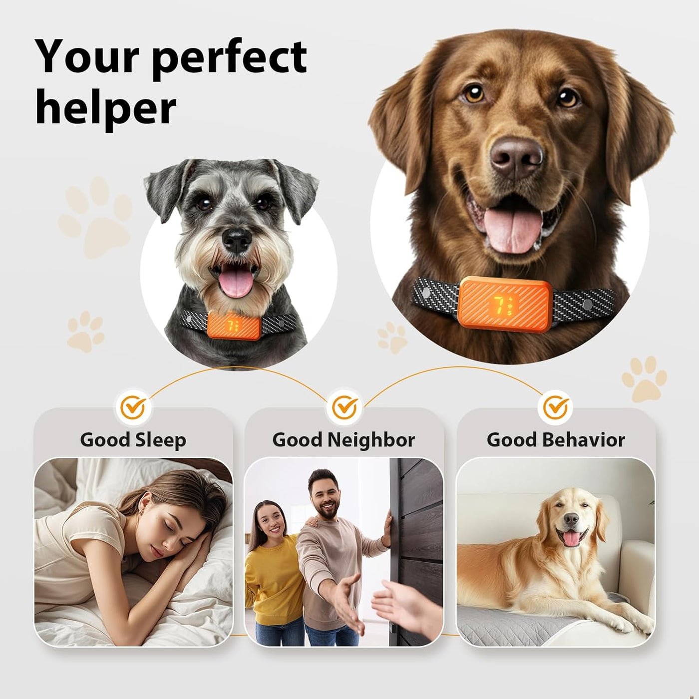 Dog Bark Collar for Large Medium Small Dogs, Rechargeable No-Bark Collar, Smart Barking Collar, Effective Bark Collar with 7-Level Sensitivity, 3 Beep & Vibration Modes, Waterproof, Orange