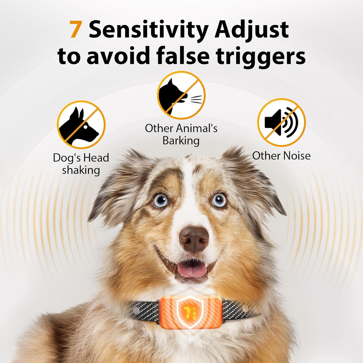 Dog Bark Collar for Large Medium Small Dogs, Rechargeable No-Bark Collar, Smart Barking Collar, Effective Bark Collar with 7-Level Sensitivity, 3 Beep & Vibration Modes, Waterproof, Orange