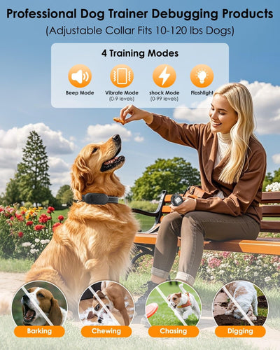 Dog Shock Collar with Remote Control - Shock Collar for Dogs, IPX7 Waterproof Dog Training Collar with Beep Vibration Shock Flashlight Long-Lasting Battery Safe Training for Dogs 10–120 Lbs