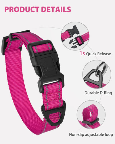 Small Dog Collar, Reflective and Adjustable Nylon Collar with Quick-Release Buckle, Lightweight No-Choke Design for Small Dogs, Hotpink, 5/8" Width