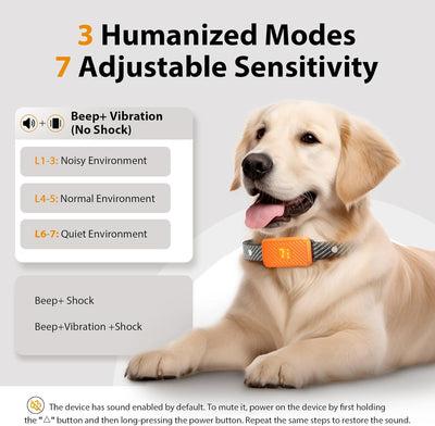 Dog Bark Collar for Large Medium Small Dogs, Rechargeable No-Bark Collar, Smart Barking Collar, Effective Bark Collar with 7-Level Sensitivity, 3 Beep & Vibration Modes, Waterproof, Orange
