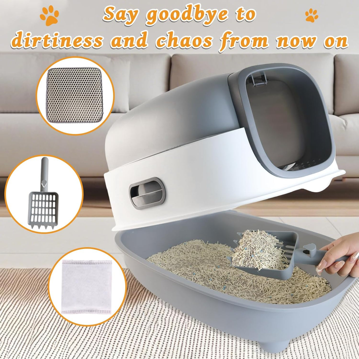 Large Cat Litter Box with Cat Litter Scoop, Foldable Litter Box with Lid, Front Entry and Exit Leak-Proof Litter Cat Box, Odor Control, Easy to Clean (Grey)