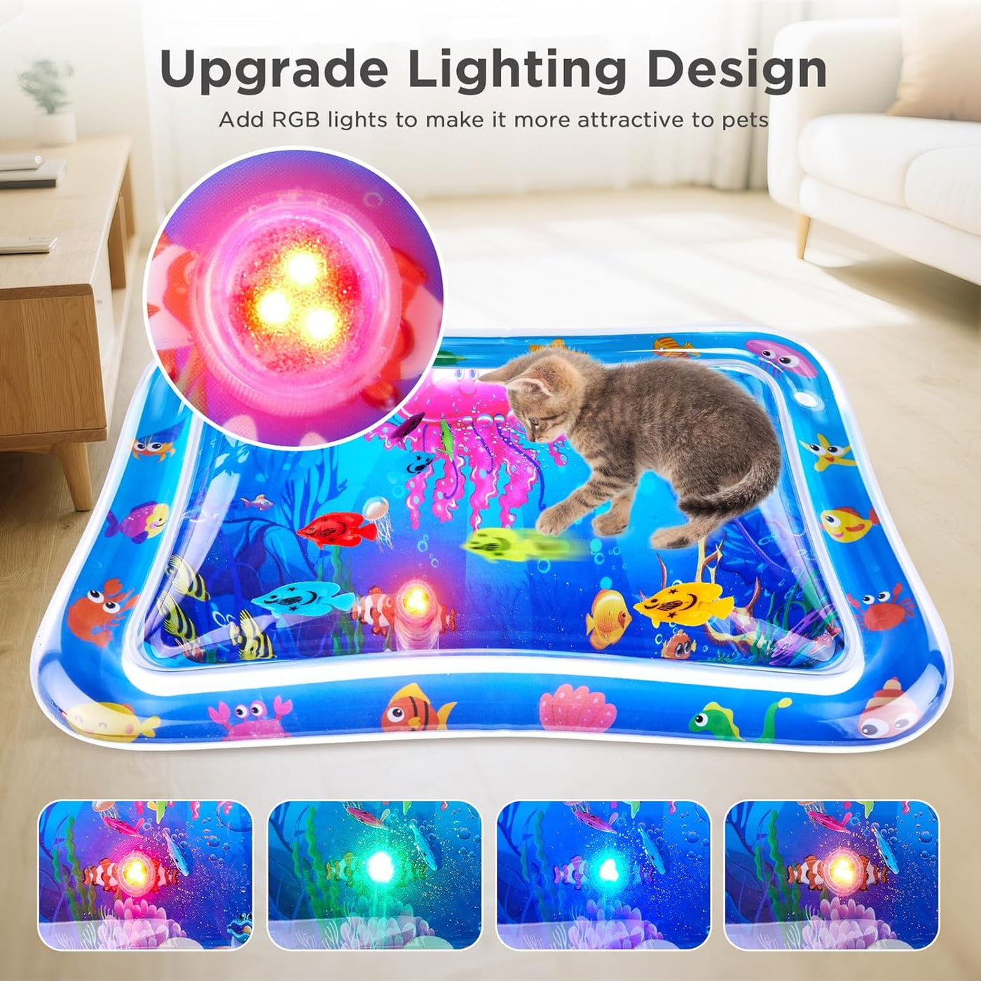 New Multi-Color Lighted Cat Water Mat,Thickened Anti-Scratch Leak Proof Cat Water Sensor Play Mat with Floating Fish,Interactive Cat Toy for Indoor Cats to Swatting,Exercise,Hunting,Kitten Toys