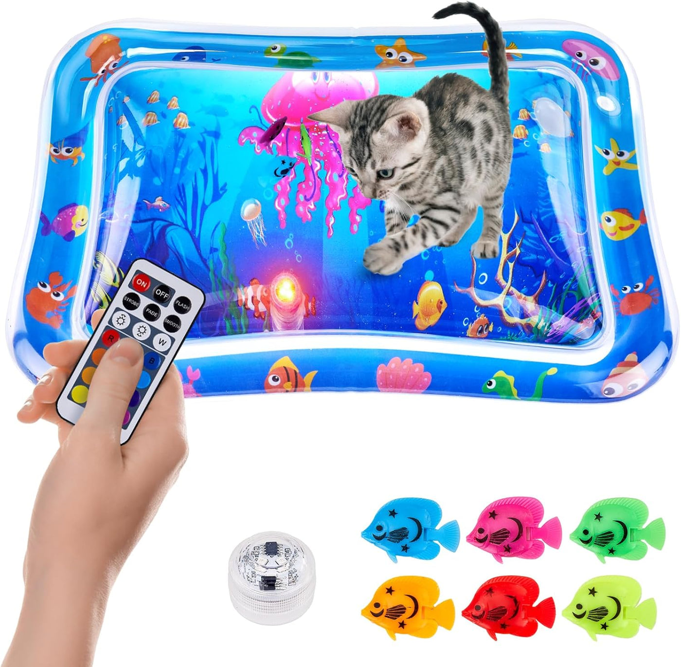 New Multi-Color Lighted Cat Water Mat,Thickened Anti-Scratch Leak Proof Cat Water Sensor Play Mat with Floating Fish,Interactive Cat Toy for Indoor Cats to Swatting,Exercise,Hunting,Kitten Toys