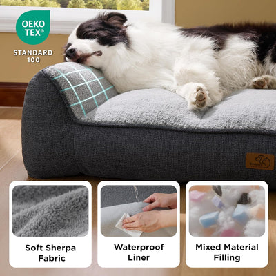 XL Orthopedic Dog Beds Large Sized Dog - Extra Thick Supportive Dogs Couch with Waterproof Washable Cover, Extra Large Comfort Pet Bed Sofa with Soft Plush Sherpa and Nonskid Bottom, Grey, 42"